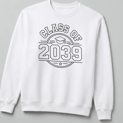 Boldly outlined CLASS OF 2039 T-shirt featuring a graduation cap icon — printed on a unisex sweatshirt