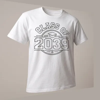 Boldly outlined CLASS OF 2039 T-shirt featuring a graduation cap icon — printed on a unisex t-shirt (angled view)
