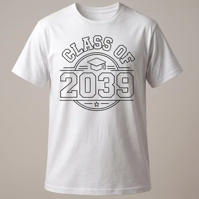 Boldly outlined CLASS OF 2039 T-shirt featuring a graduation cap icon