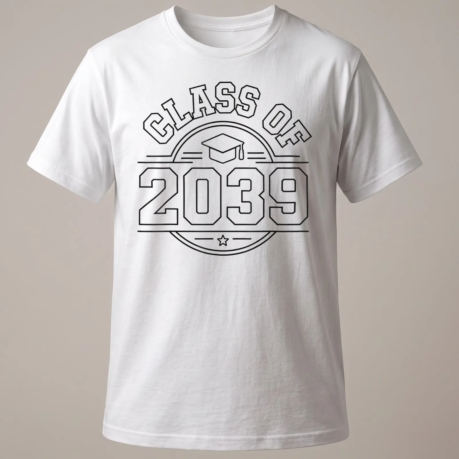 Boldly outlined CLASS OF 2039 T-shirt featuring a graduation cap icon — printed on a unisex t-shirt