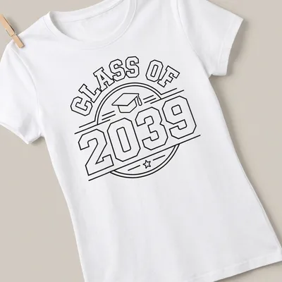Boldly outlined CLASS OF 2039 T-shirt featuring a graduation cap icon — printed on a women's shirt