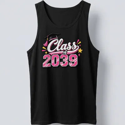 Colorful illustration of a graduation cap with 'Class of 2039' text — printed on a tank top