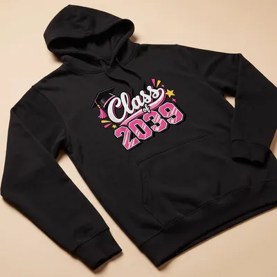 Colorful illustration of a graduation cap with 'Class of 2039' text — printed on a unisex hoodie