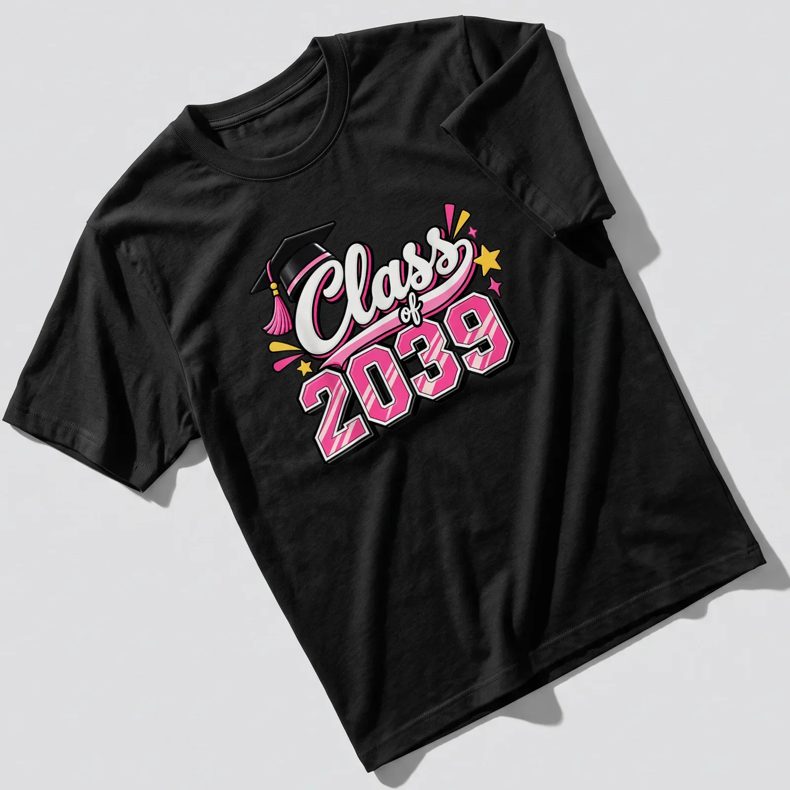 Colorful illustration of a graduation cap with 'Class of 2039' text — printed on a unisex t-shirt