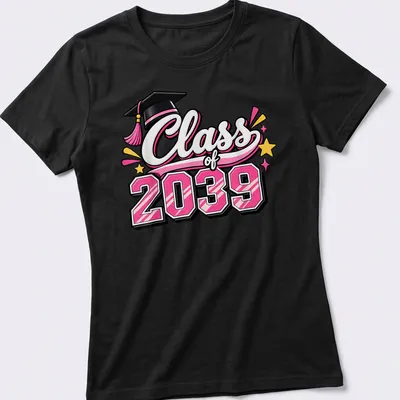 Colorful illustration of a graduation cap with 'Class of 2039' text — printed on a women's shirt