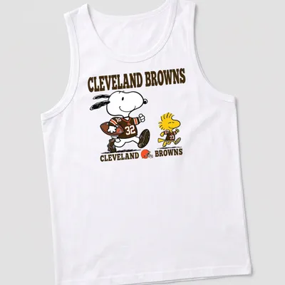 Cartoon design of Snoopy and Woodstock in football gear with Cleveland Browns text — printed on a tank top