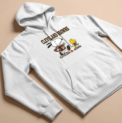 Cartoon design of Snoopy and Woodstock in football gear with Cleveland Browns text — printed on a unisex hoodie
