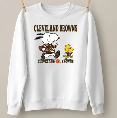 Cartoon design of Snoopy and Woodstock in football gear with Cleveland Browns text — printed on a unisex sweatshirt