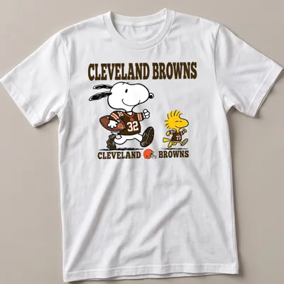 Cartoon design of Snoopy and Woodstock in football gear with Cleveland Browns text