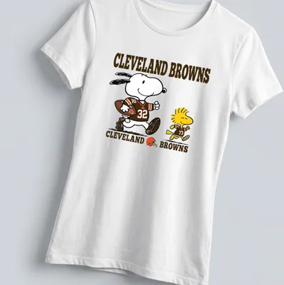 Cartoon design of Snoopy and Woodstock in football gear with Cleveland Browns text — printed on a women's shirt