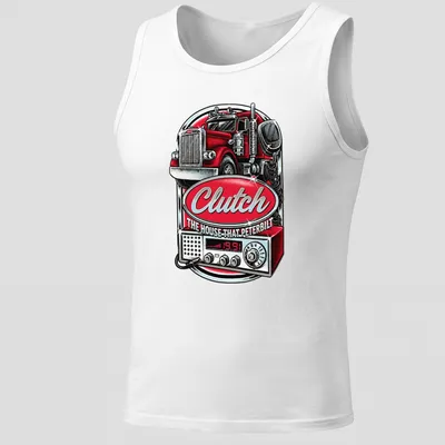 Vintage bold Peterbilt truck design with red, silver, black and white colors — printed on a tank top
