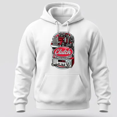 Vintage bold Peterbilt truck design with red, silver, black and white colors — printed on a unisex hoodie