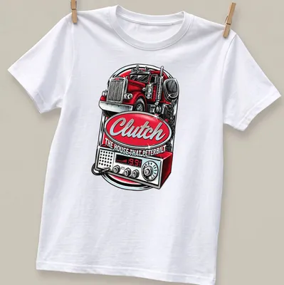 Vintage bold Peterbilt truck design with red, silver, black and white colors