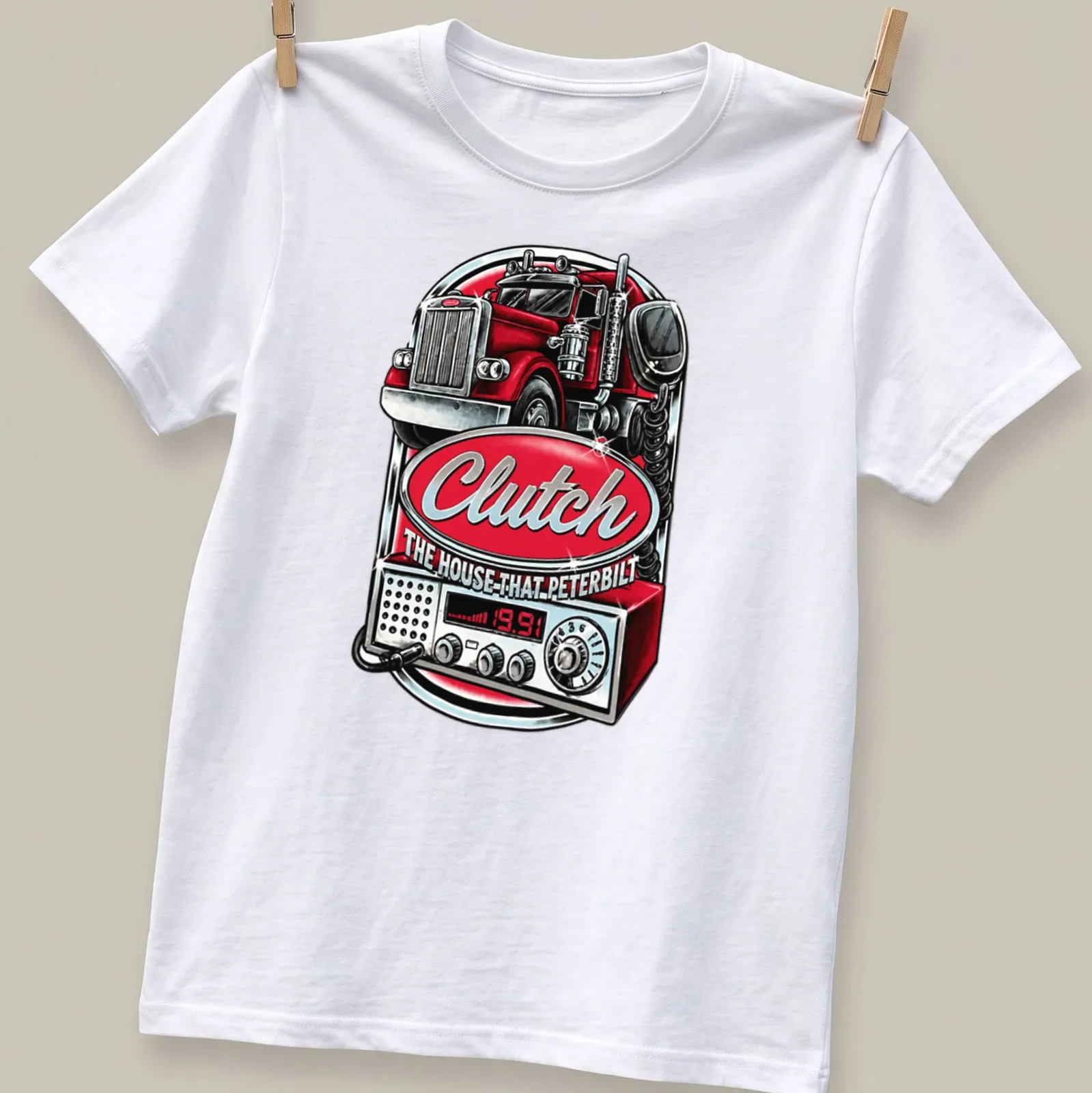 Vintage bold Peterbilt truck design with red, silver, black and white colors — printed on a unisex t-shirt