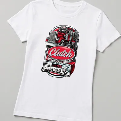 Vintage bold Peterbilt truck design with red, silver, black and white colors — printed on a women's shirt