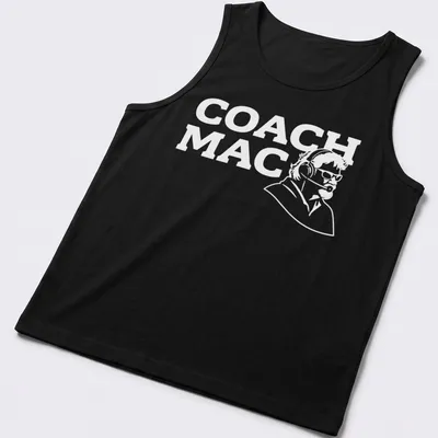 Simple line-art design of a coach with headset and text COACH MAC — printed on a tank top