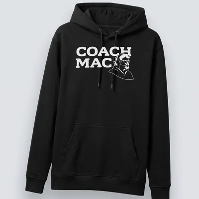Simple line-art design of a coach with headset and text COACH MAC — printed on a unisex hoodie