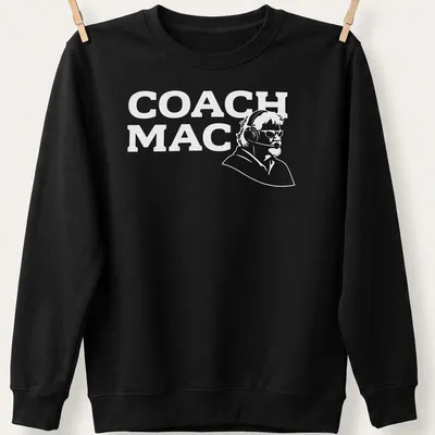 Simple line-art design of a coach with headset and text COACH MAC — printed on a unisex sweatshirt