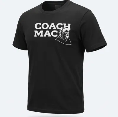 Simple line-art design of a coach with headset and text COACH MAC