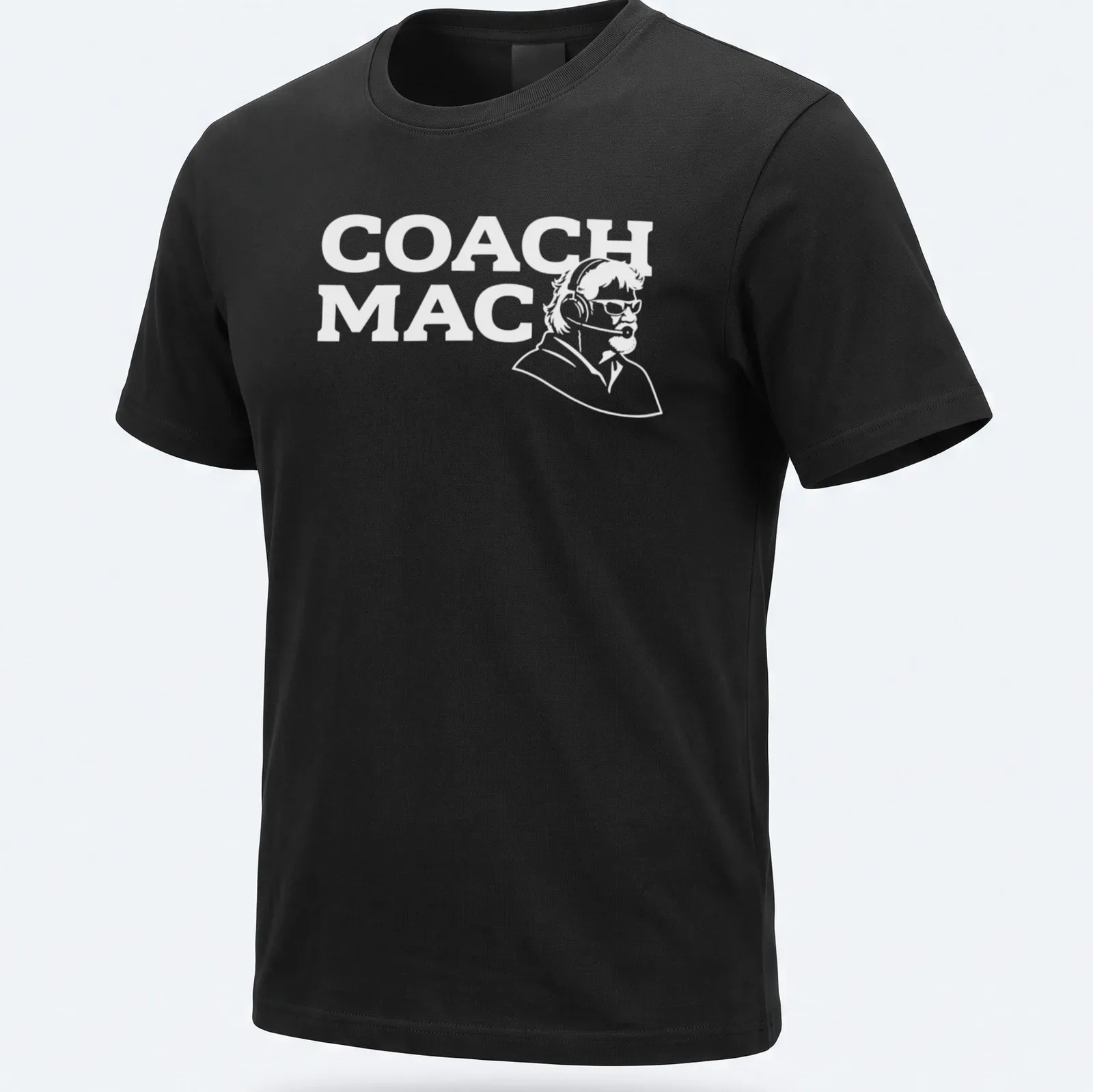 Simple line-art design of a coach with headset and text COACH MAC — printed on a unisex t-shirt
