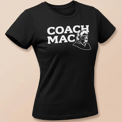 Simple line-art design of a coach with headset and text COACH MAC — printed on a women's shirt