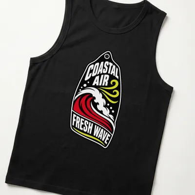 Bold graphic surfing wave t-shirt featuring Coastal Air Fresh Wave text — printed on a tank top