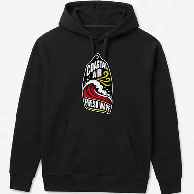 Bold graphic surfing wave t-shirt featuring Coastal Air Fresh Wave text — printed on a unisex hoodie