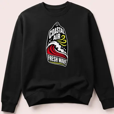 Bold graphic surfing wave t-shirt featuring Coastal Air Fresh Wave text — printed on a unisex sweatshirt