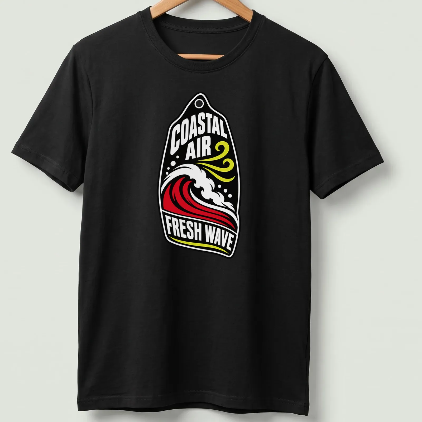 Bold graphic surfing wave t-shirt featuring Coastal Air Fresh Wave text — printed on a unisex t-shirt