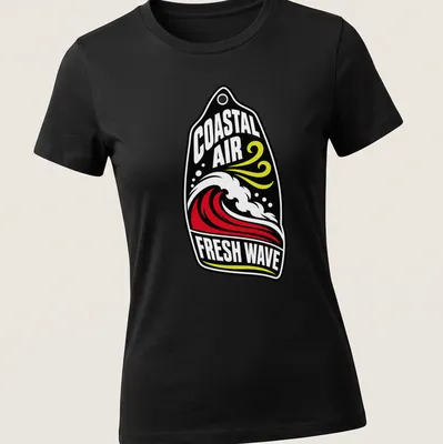 Bold graphic surfing wave t-shirt featuring Coastal Air Fresh Wave text — printed on a women's shirt