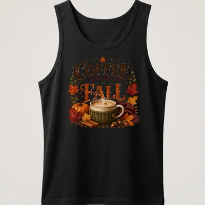 Vintage autumn T-shirt featuring a coffee cup and fall elements — printed on a tank top