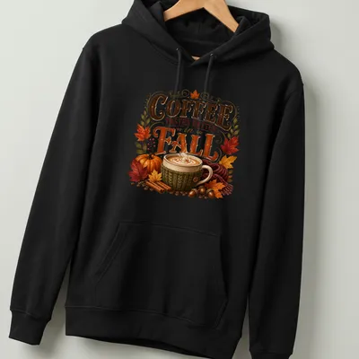 Vintage autumn T-shirt featuring a coffee cup and fall elements — printed on a unisex hoodie