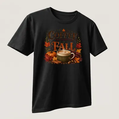Vintage autumn T-shirt featuring a coffee cup and fall elements — printed on a unisex t-shirt (angled view)