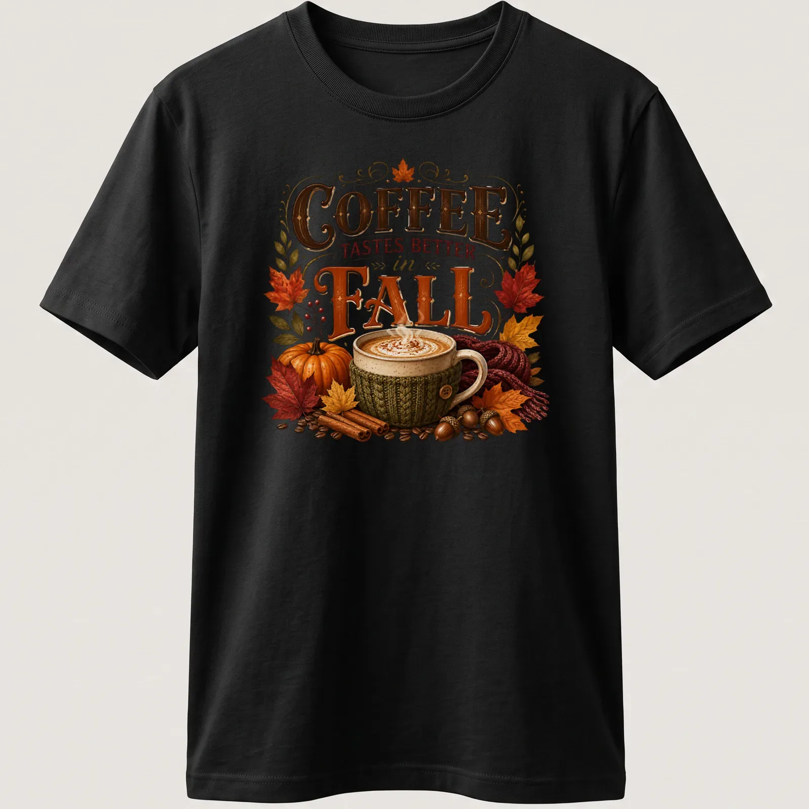 Vintage autumn T-shirt featuring a coffee cup and fall elements — printed on a unisex t-shirt