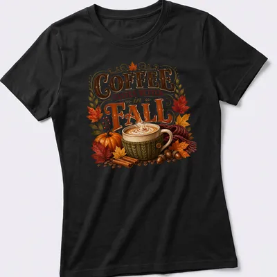 Vintage autumn T-shirt featuring a coffee cup and fall elements — printed on a women's shirt