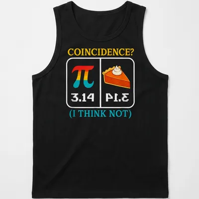 Colorful cartoon graphic of Pi symbol and pie slice with humorous text — printed on a tank top