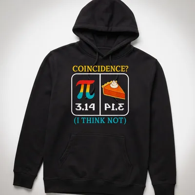 Colorful cartoon graphic of Pi symbol and pie slice with humorous text — printed on a unisex hoodie