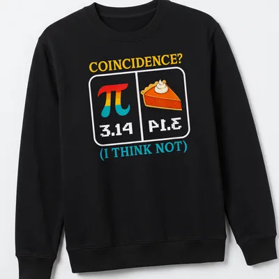 Colorful cartoon graphic of Pi symbol and pie slice with humorous text — printed on a unisex sweatshirt