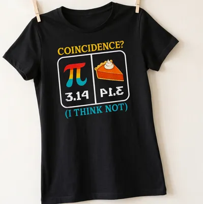 Colorful cartoon graphic of Pi symbol and pie slice with humorous text — printed on a women's shirt