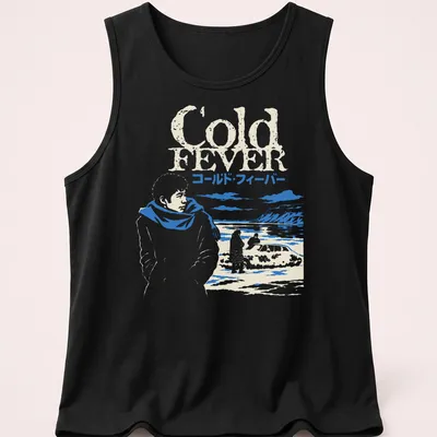 Illustration of an Icelandic film scene with text 'Cold Fever コールド・フィーバー' in blue and white — printed on a tank top