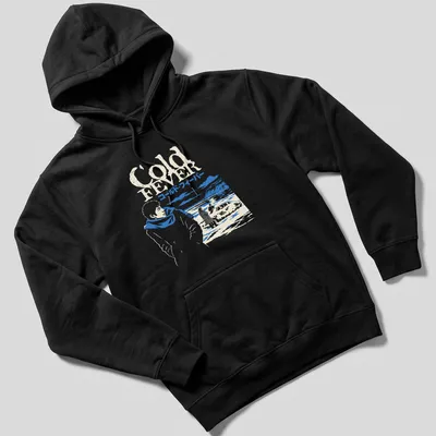 Illustration of an Icelandic film scene with text 'Cold Fever コールド・フィーバー' in blue and white — printed on a unisex hoodie