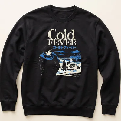 Illustration of an Icelandic film scene with text 'Cold Fever コールド・フィーバー' in blue and white — printed on a unisex sweatshirt
