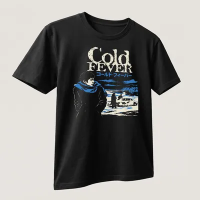 Illustration of an Icelandic film scene with text 'Cold Fever コールド・フィーバー' in blue and white — printed on a unisex t-shirt (angled view)