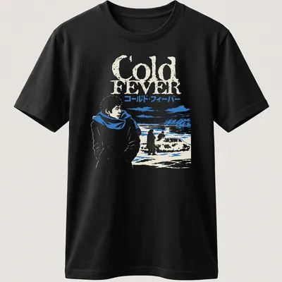 Illustration of an Icelandic film scene with text 'Cold Fever コールド・フィーバー' in blue and white — printed on a unisex t-shirt