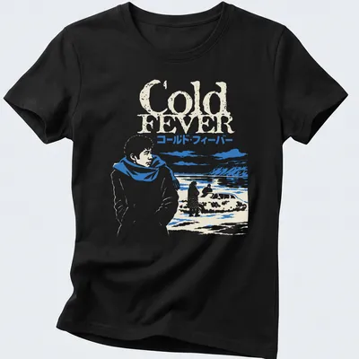 Illustration of an Icelandic film scene with text 'Cold Fever コールド・フィーバー' in blue and white — printed on a women's shirt