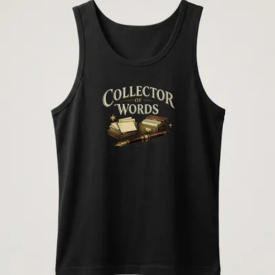 Vintage style t-shirt with 'Collector of Words' text and writing supplies graphics. — printed on a tank top