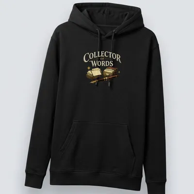 Vintage style t-shirt with 'Collector of Words' text and writing supplies graphics. — printed on a unisex hoodie