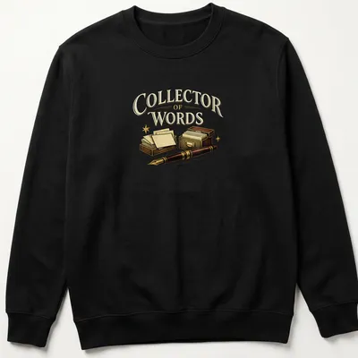 Vintage style t-shirt with 'Collector of Words' text and writing supplies graphics. — printed on a unisex sweatshirt