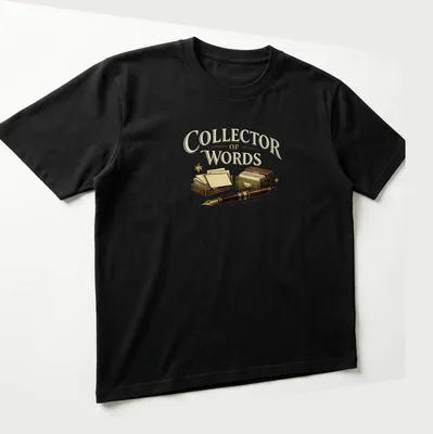 Vintage style t-shirt with 'Collector of Words' text and writing supplies graphics. — printed on a unisex t-shirt (angled view)