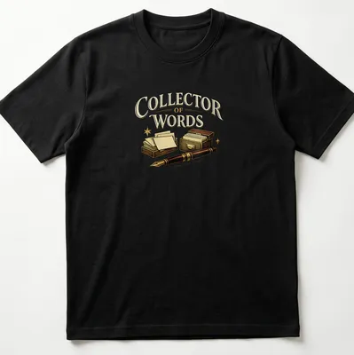 Vintage style t-shirt with 'Collector of Words' text and writing supplies graphics. — printed on a unisex t-shirt